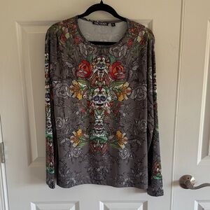 SNO SKINS Engineer Tattoo Gray Long Sleeve Top Tshirt Floral Skull Print XL